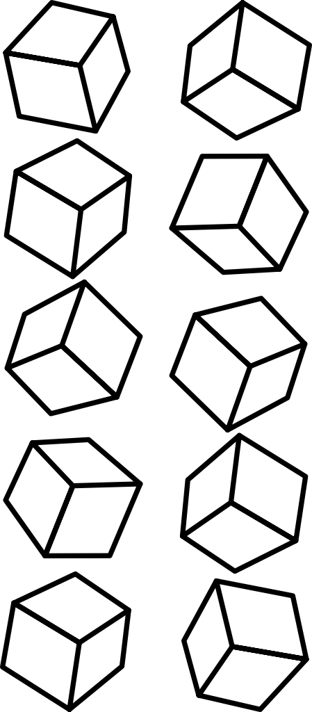 10 3-dimensional cubes oriented in various ways