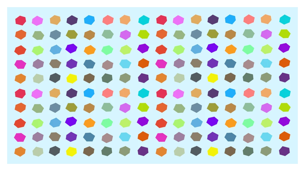 Various colored hexagons on baby blue in a faux white frame. If you look carefully, you can see the symmetry!