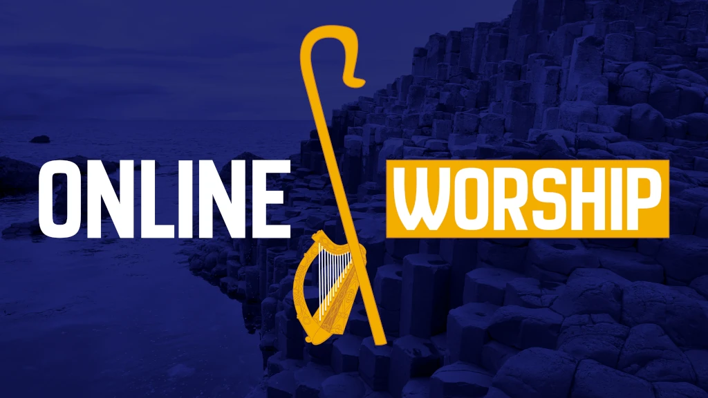 The Giant’s Causeway colored dark blue with the text “Online Worship”